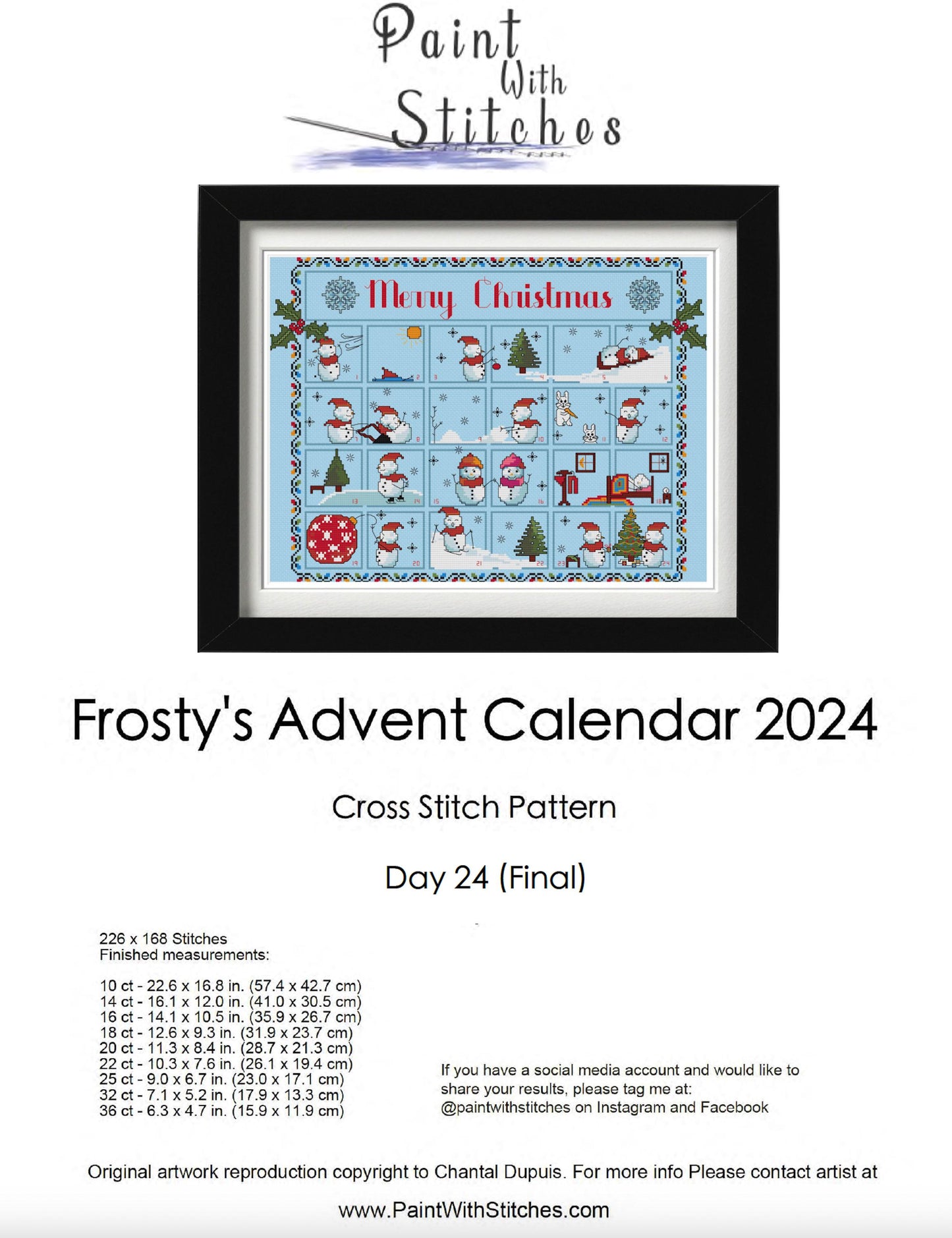 Christmas SAL Advent Calendar with Frosty the Snowman Cross Stitch / Embroidery or Needlepoint Pattern