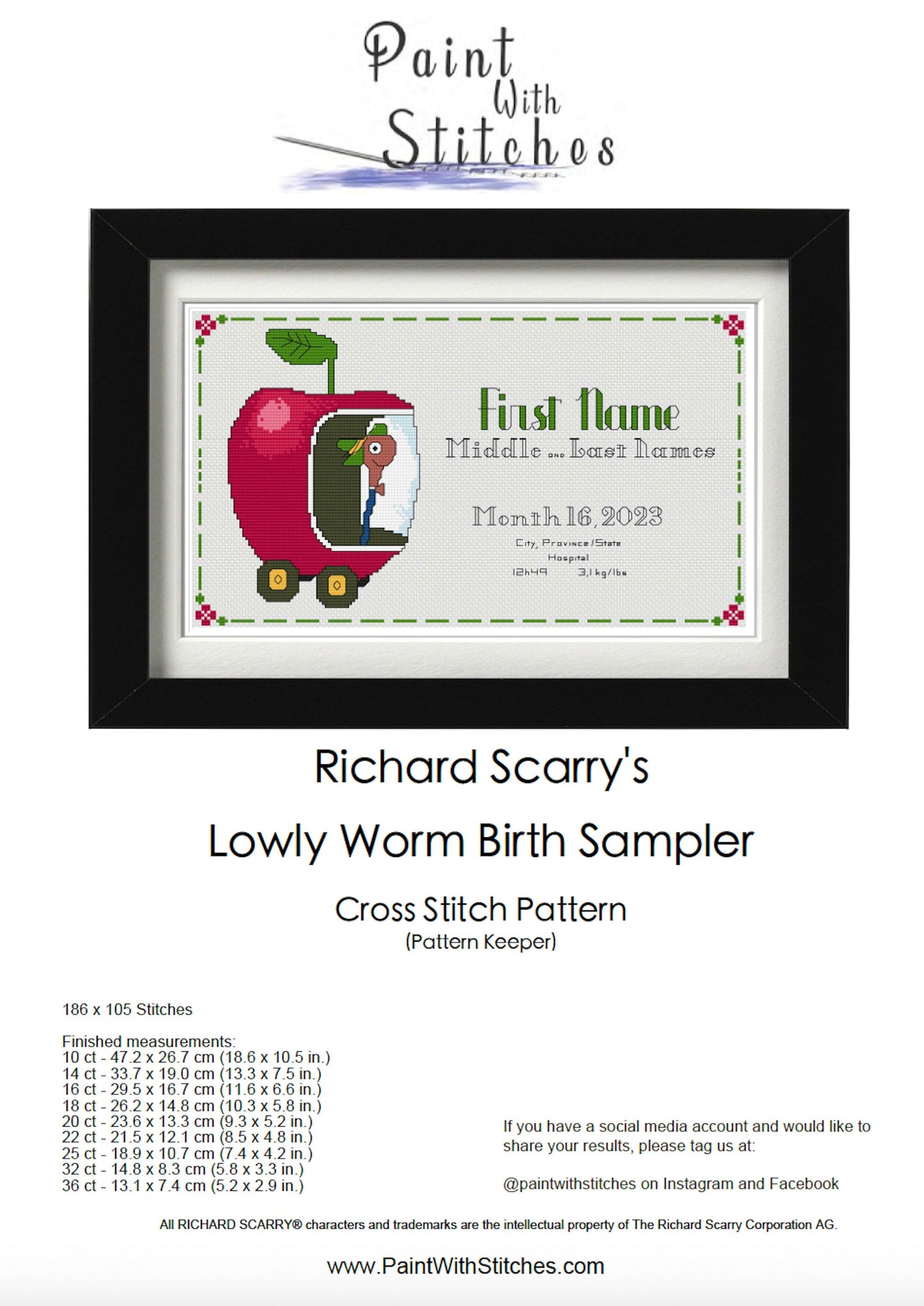 Lowly Worm - Richard Scarry's Busy World Characters Cross Stitch / Embroidery or Needlepoint Birth Sampler Pattern
